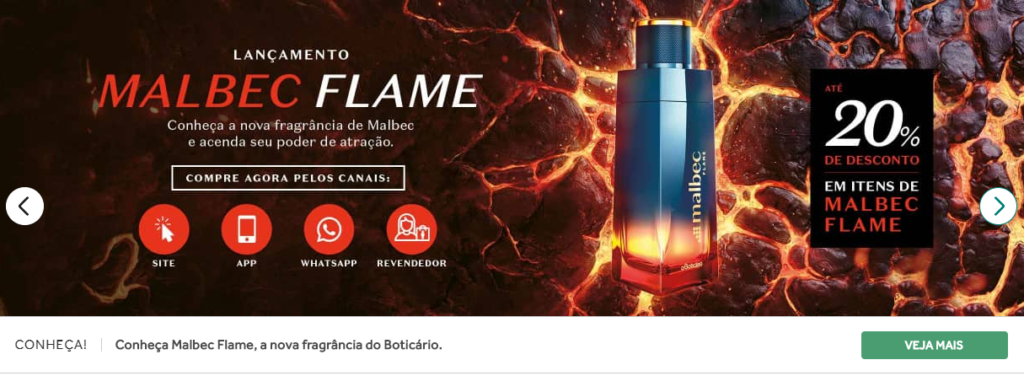 print da tela do site do Boticário, que mostra o lançamento do perfume Malbec Flame